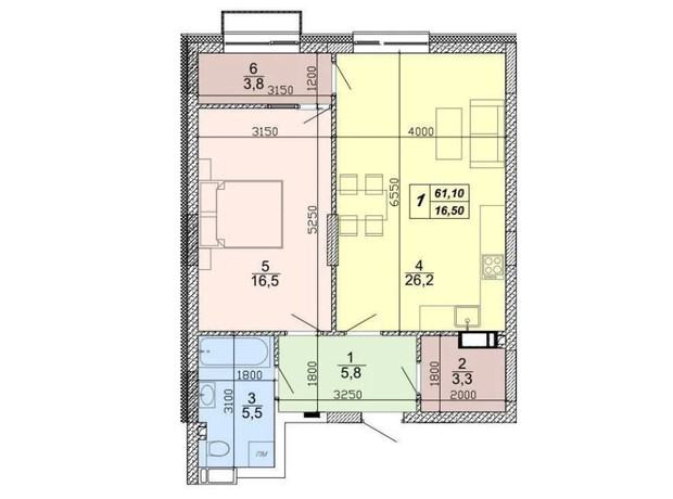 ЖК Podol Plaza & Residence: планировка 1-комнатной квартиры 61.1 м²