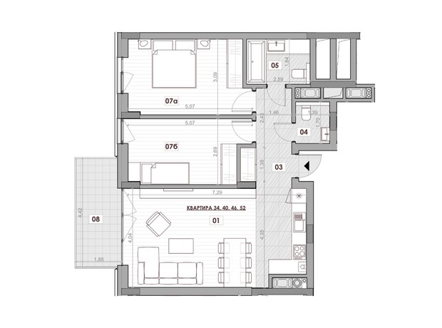 ЖК Княжий Холл: планировка 2-комнатной квартиры 73.64 м²