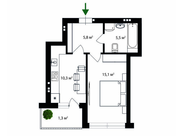 ЖК Park Land: планировка 1-комнатной квартиры 38 м²