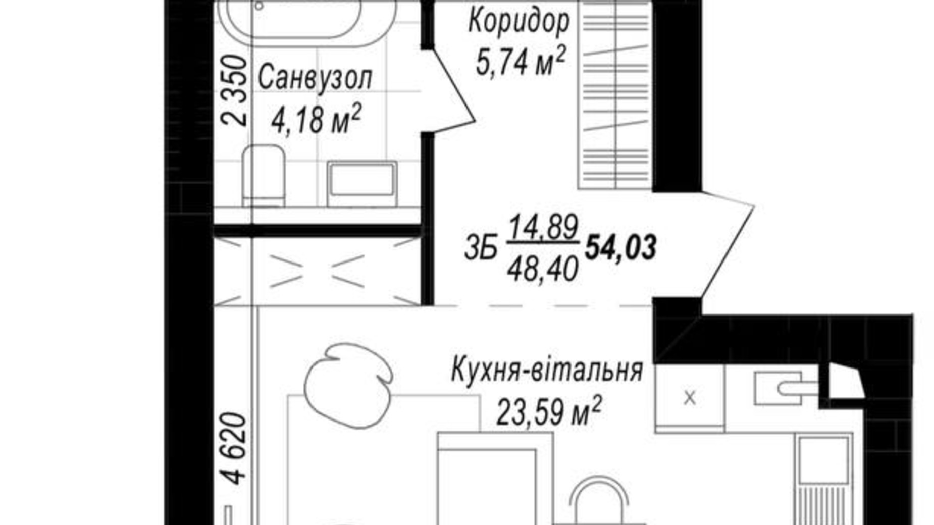Планування 1-кімнатної квартири в ЖК Smart & Green 54.03 м², фото 589310