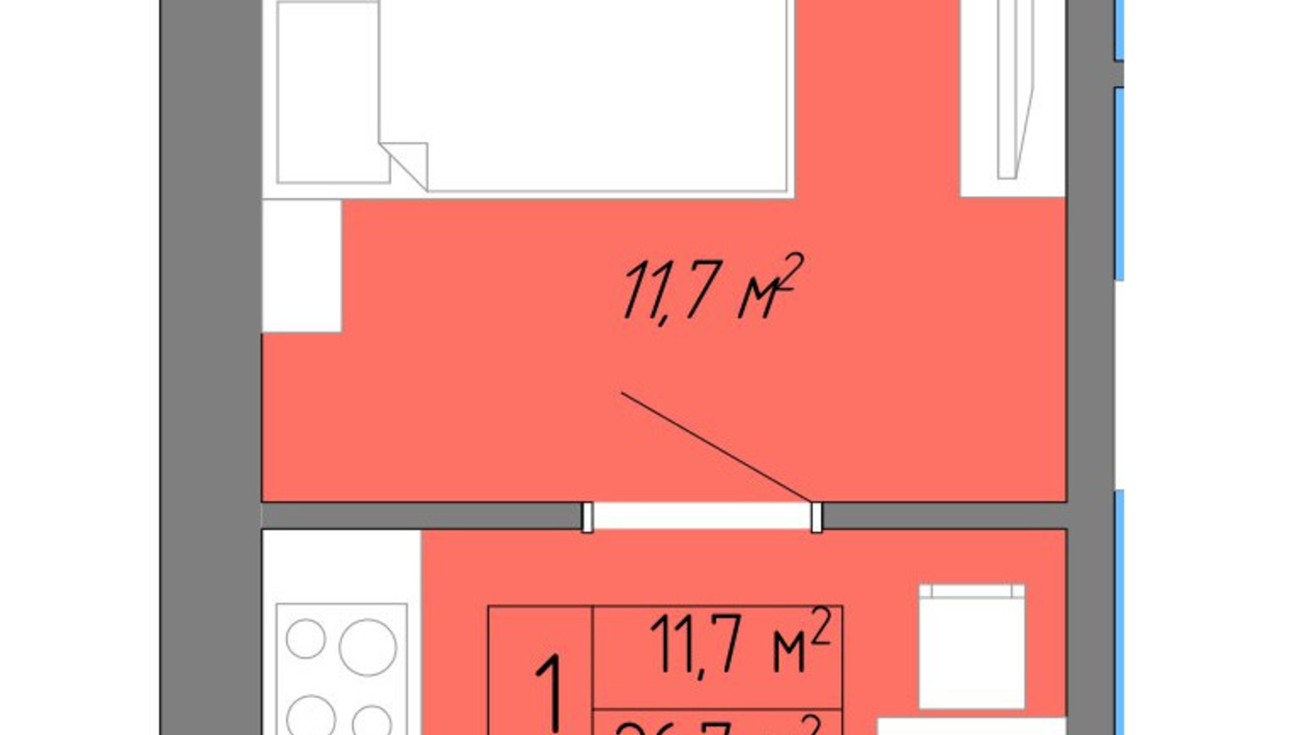 Планировка 1-комнатной квартиры в ЖК Акварель 2 28.1 м², фото 589418