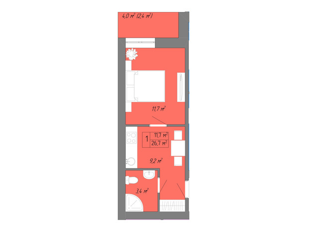 ЖК Акварель 2: планировка 1-комнатной квартиры 28.1 м²