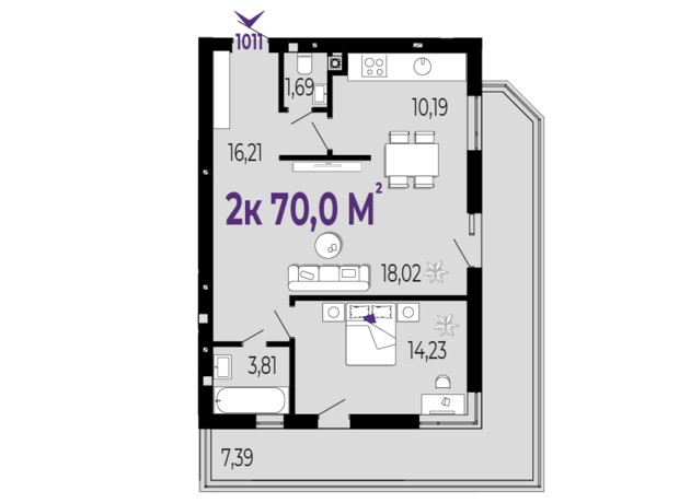 ЖК Долішній: планировка 2-комнатной квартиры 70 м²