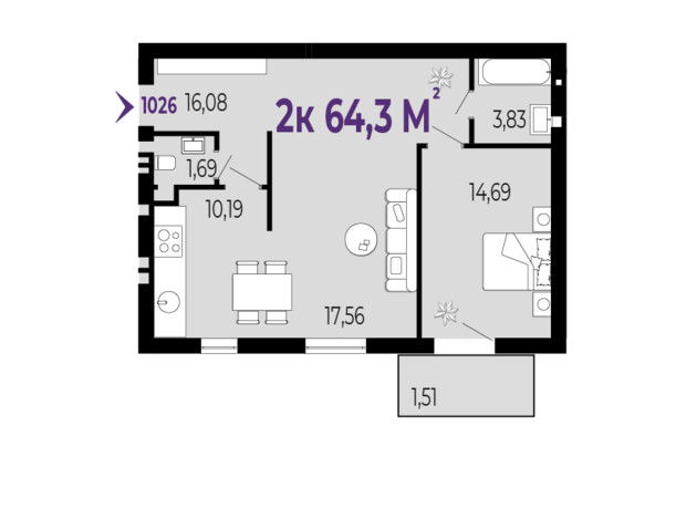 ЖК Долішній: планировка 2-комнатной квартиры 64.3 м²