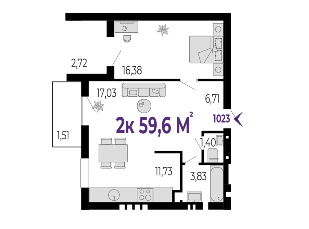 ЖК Долішній: планировка 2-комнатной квартиры 59.6 м²