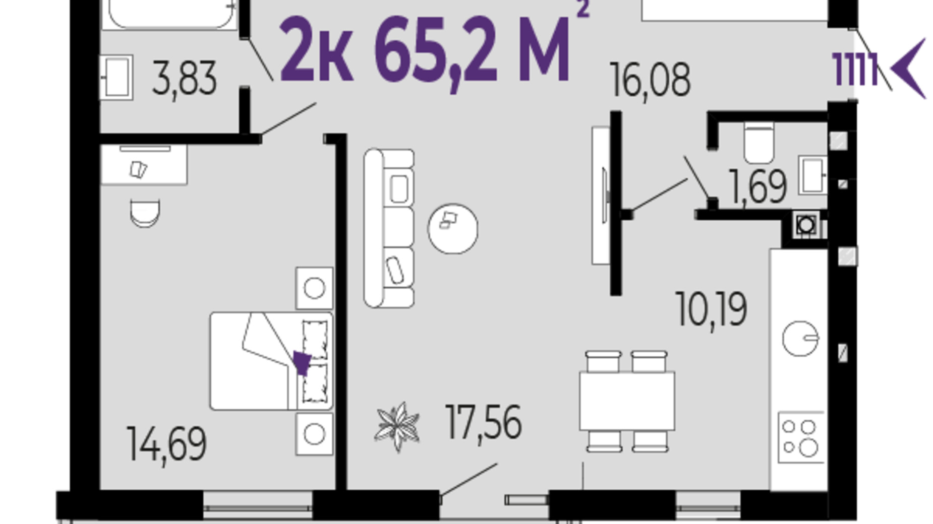 Планування 2-кімнатної квартири в ЖК Долішній 65.2 м², фото 589551