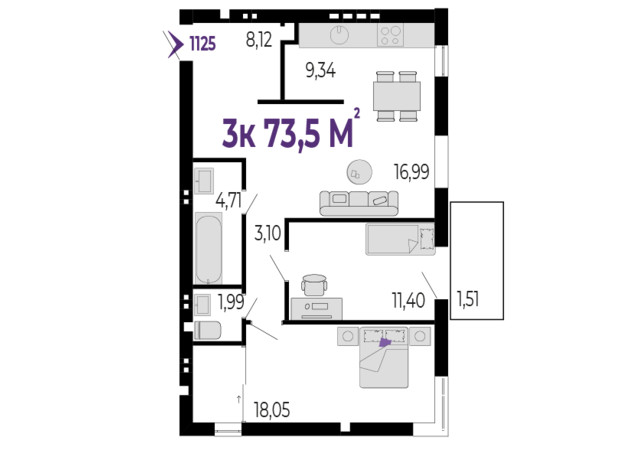 ЖК Долішній: планировка 3-комнатной квартиры 73.5 м²