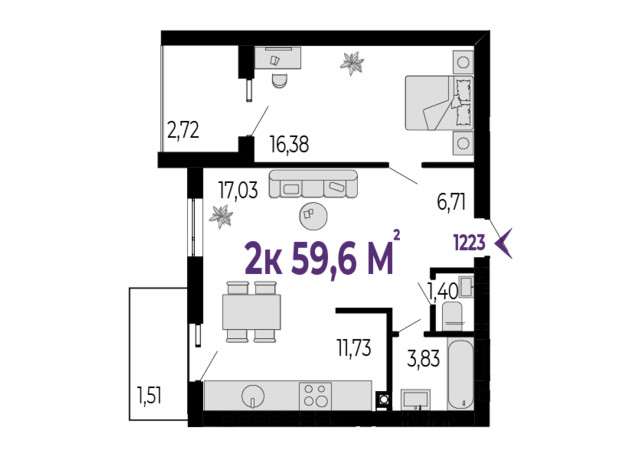 ЖК Долішній: планировка 2-комнатной квартиры 59.6 м²