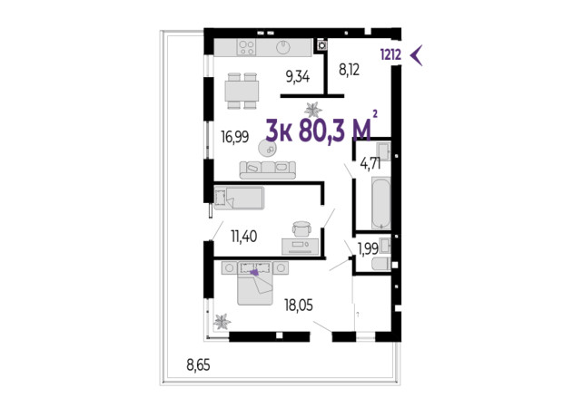 ЖК Долішній: планировка 3-комнатной квартиры 80.3 м²