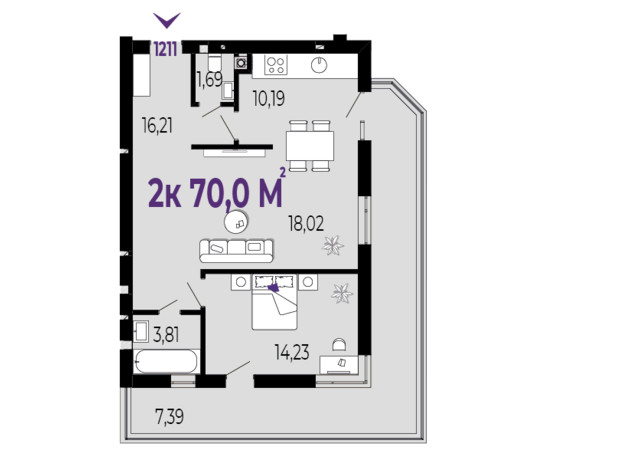 ЖК Долішній: планировка 2-комнатной квартиры 70 м²