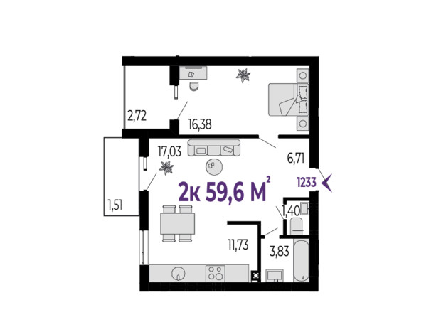 ЖК Долішній: планировка 2-комнатной квартиры 59.6 м²