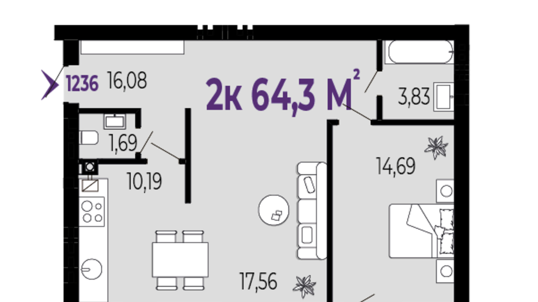 Планування 2-кімнатної квартири в ЖК Долішній 64.3 м², фото 589825