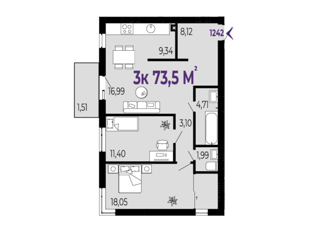 ЖК Долішній: планировка 3-комнатной квартиры 73.5 м²