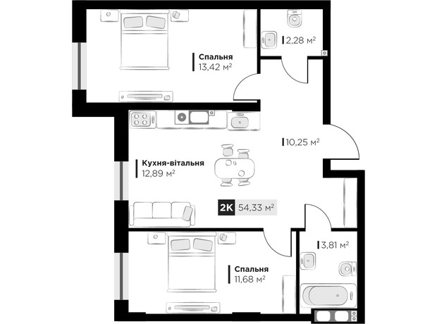 ЖК SILENT PARK: планування 2-кімнатної квартири 54.33 м²