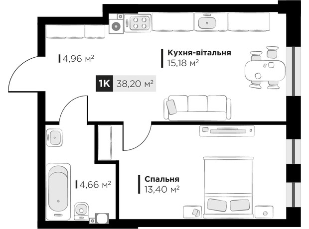 ЖК SILENT PARK: планування 1-кімнатної квартири 38.2 м²