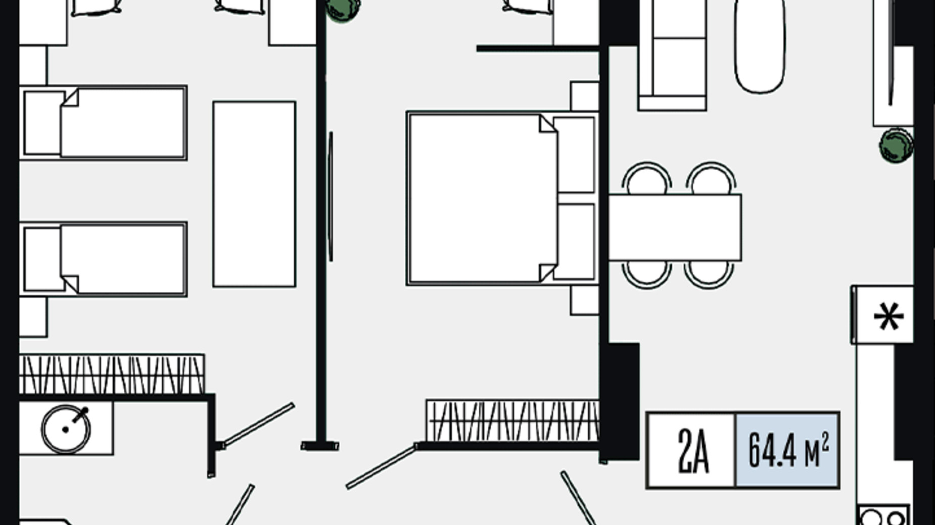 Планування 2-кімнатної квартири в ЖК Mont Blan 64.4 м², фото 590133