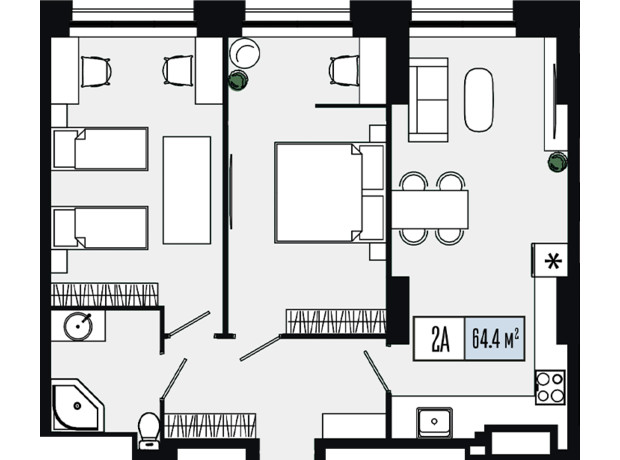 ЖК Mont Blan: планування 2-кімнатної квартири 64.4 м²