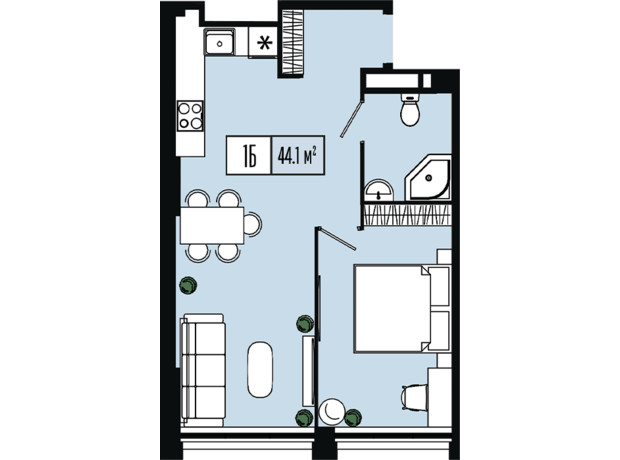 ЖК Mont Blan: планировка 1-комнатной квартиры 44.1 м²