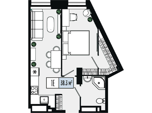 ЖК Mont Blan: планировка 1-комнатной квартиры 38.3 м²