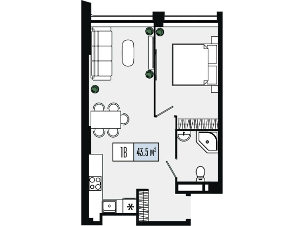 ЖК Mont Blan: планування 1-кімнатної квартири 43.5 м²