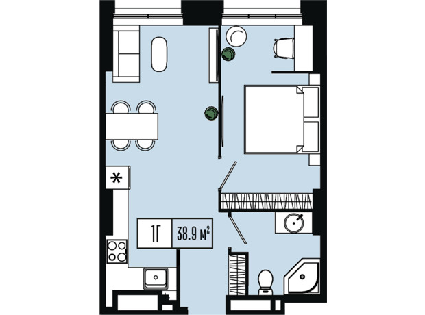 ЖК Mont Blan: планировка 1-комнатной квартиры 38.9 м²