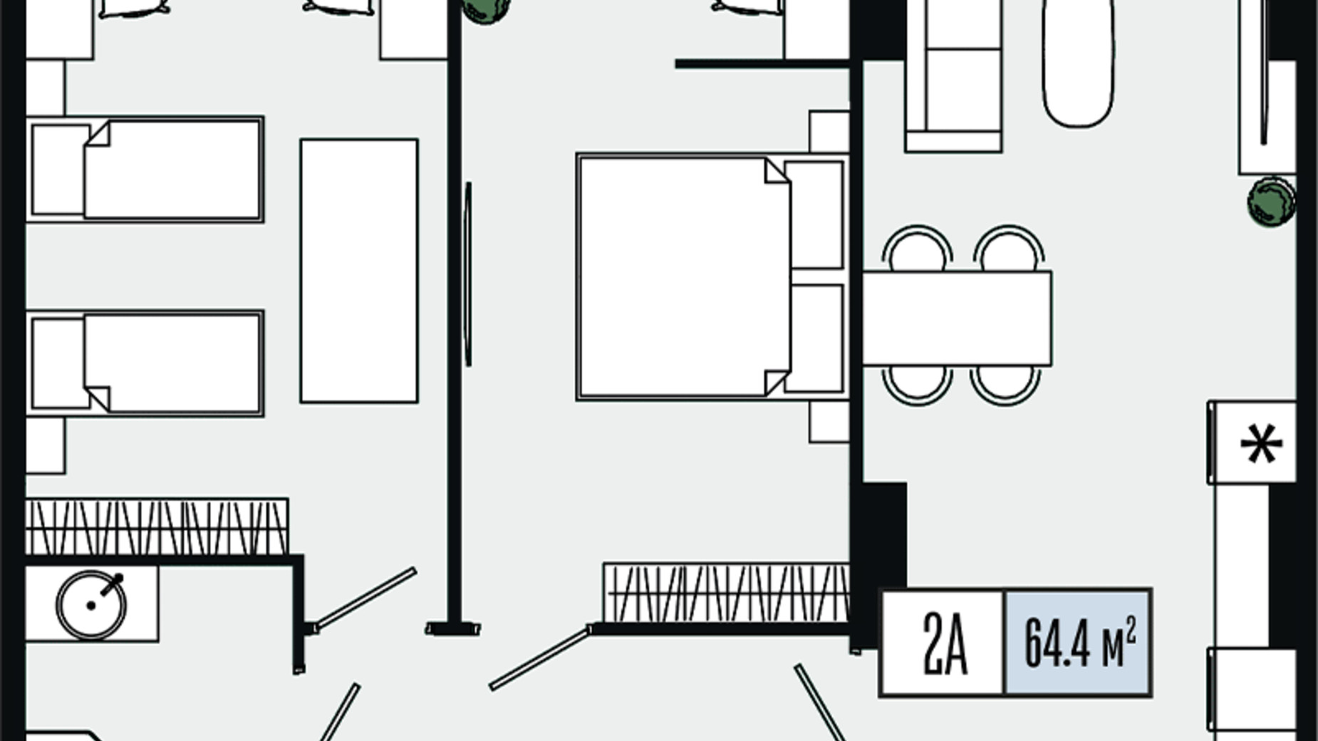 Планировка 2-комнатной квартиры в ЖК Mont Blan 64.4 м², фото 590144