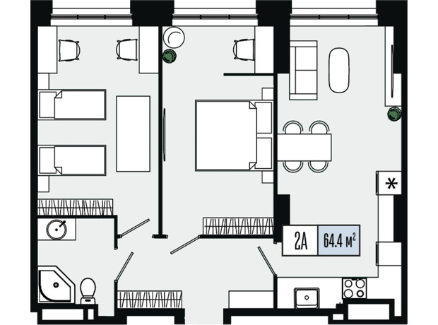 ЖК Mont Blan: планировка 2-комнатной квартиры 64.4 м²