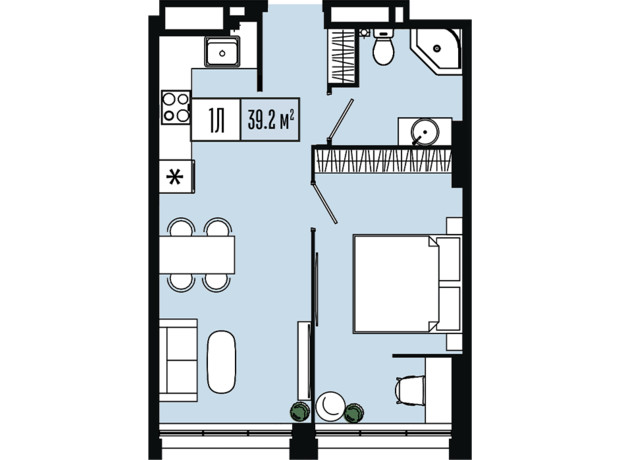 ЖК Mont Blan: планировка 1-комнатной квартиры 39.2 м²