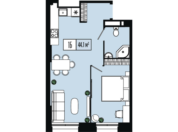 ЖК Mont Blan: планировка 1-комнатной квартиры 44.1 м²