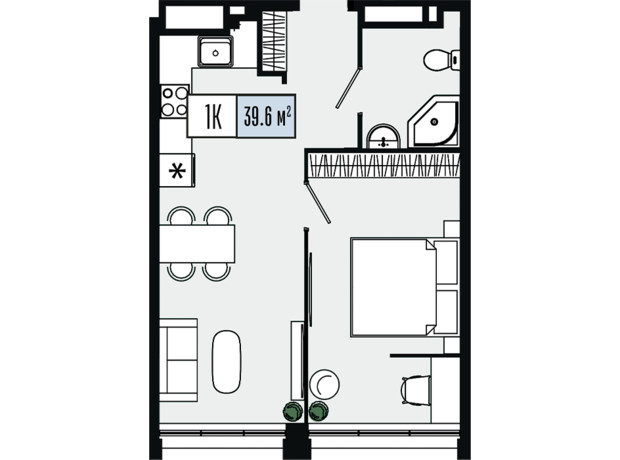 ЖК Mont Blan: планування 1-кімнатної квартири 39.6 м²