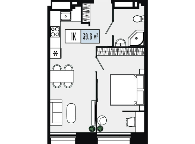 ЖК Mont Blan: планування 1-кімнатної квартири 39.6 м²