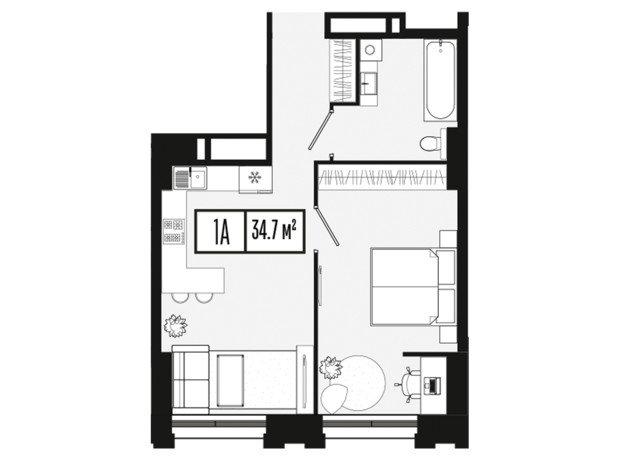 ЖК Mont Blan: планування 1-кімнатної квартири 34.7 м²