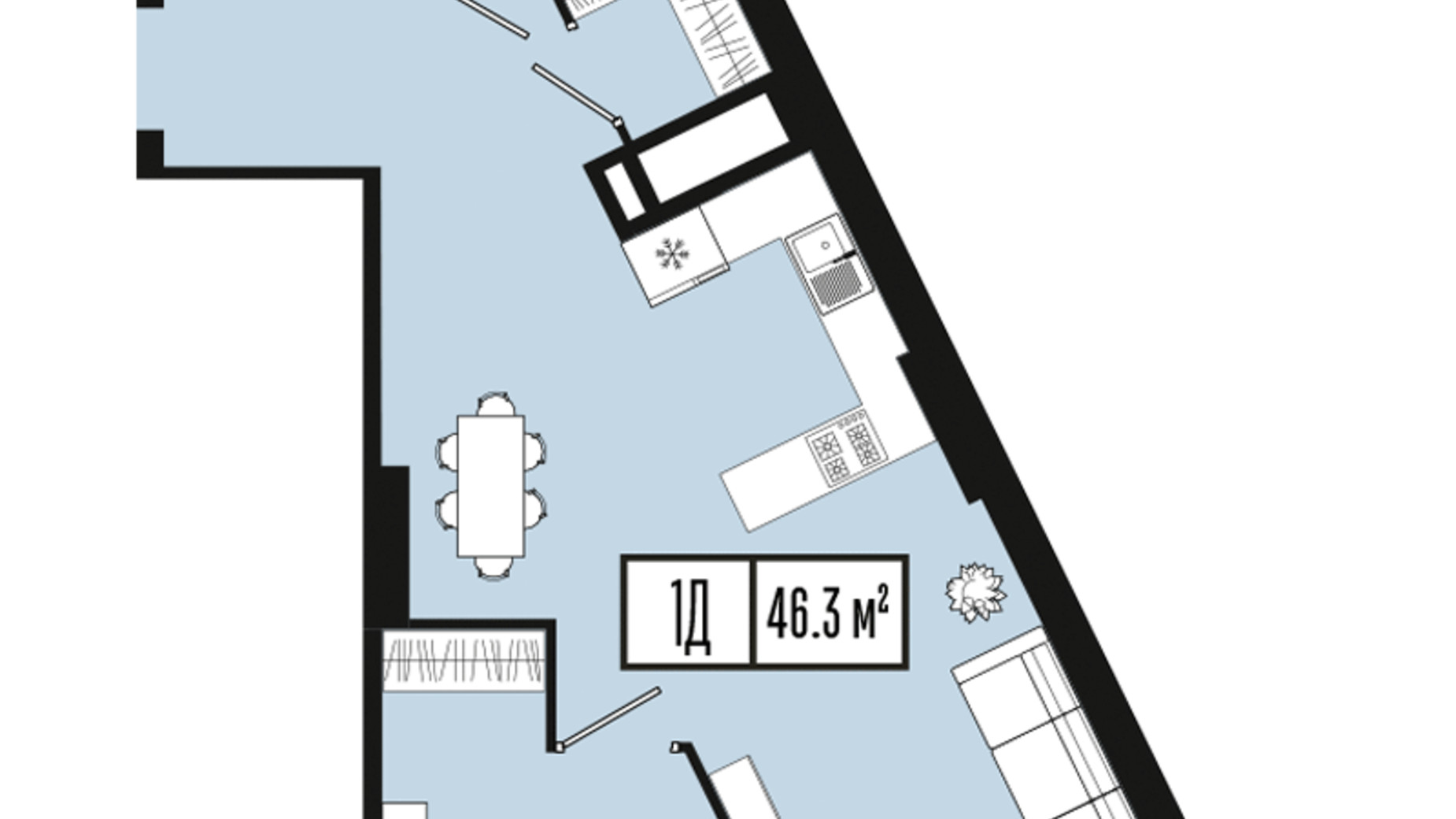 Планировка 1-комнатной квартиры в ЖК Mont Blan 46.3 м², фото 590151