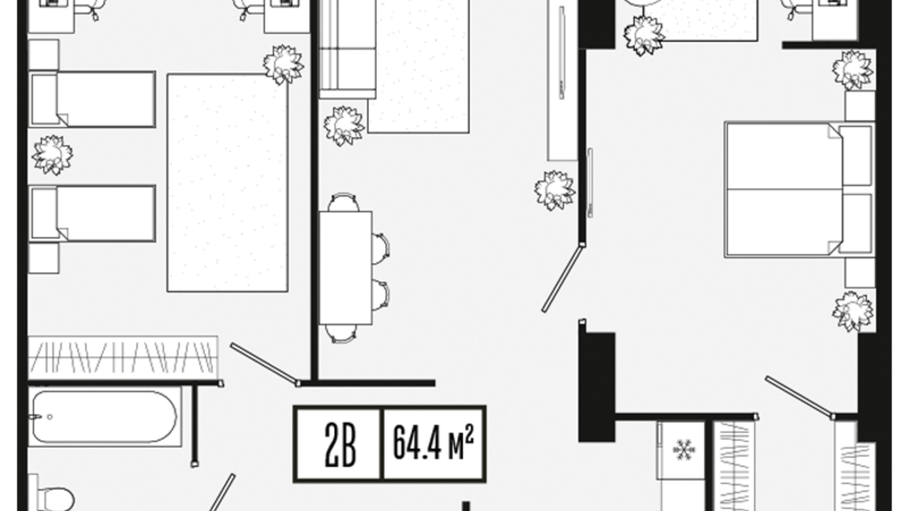 Планировка 2-комнатной квартиры в ЖК Mont Blan 64.4 м², фото 590152