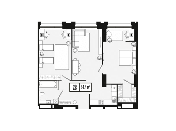 ЖК Mont Blan: планування 2-кімнатної квартири 64.4 м²