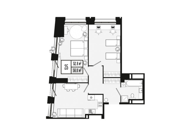 ЖК Mont Blan: планировка 2-комнатной квартиры 52.8 м²