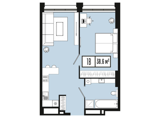 ЖК Mont Blan: планировка 1-комнатной квартиры 38.6 м²