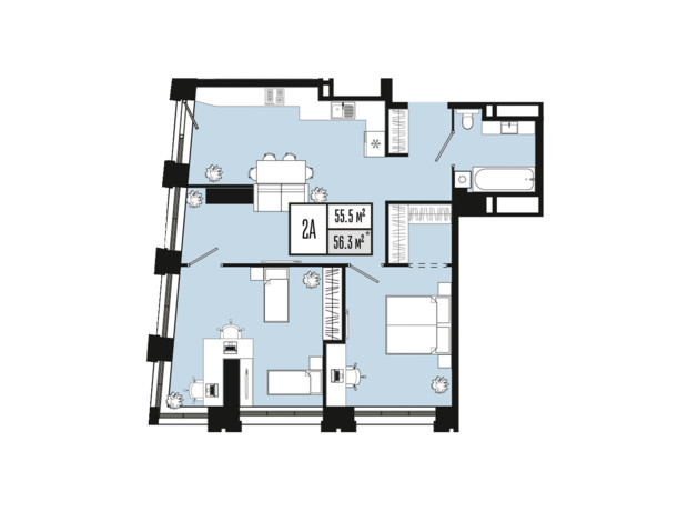 ЖК Mont Blan: планування 2-кімнатної квартири 55.5 м²