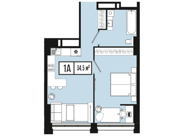 ЖК Mont Blan: планування 1-кімнатної квартири 34.5 м²