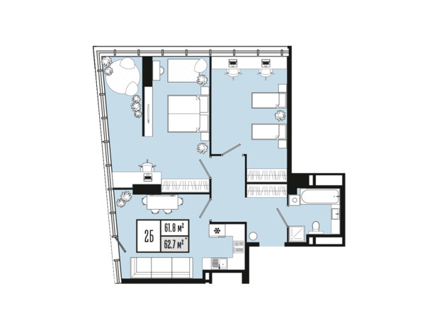 ЖК Mont Blan: планировка 2-комнатной квартиры 61.8 м²