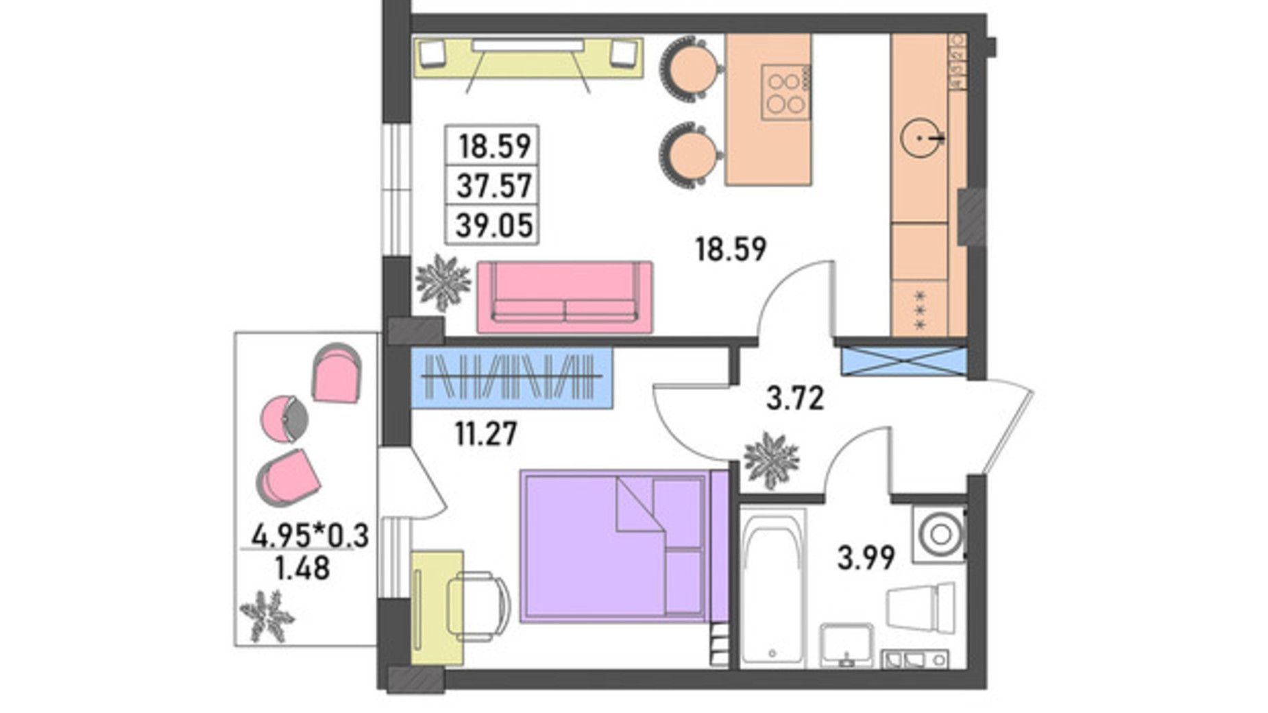 Планування 1-кімнатної квартири в ЖК Меридіан 39 м², фото 590414