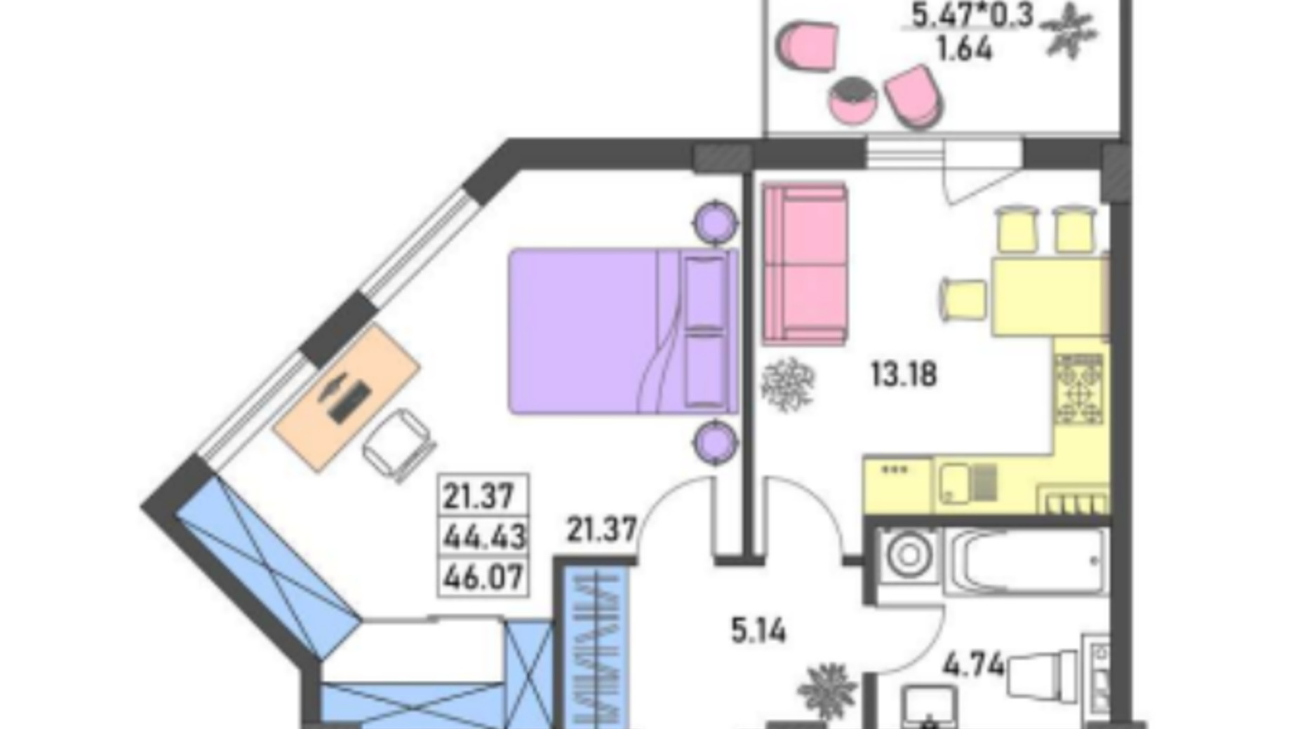 Планування 1-кімнатної квартири в ЖК Меридіан 46.1 м², фото 590421