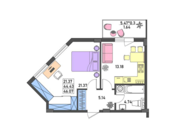 ЖК Меридиан: планировка 1-комнатной квартиры 46.1 м²
