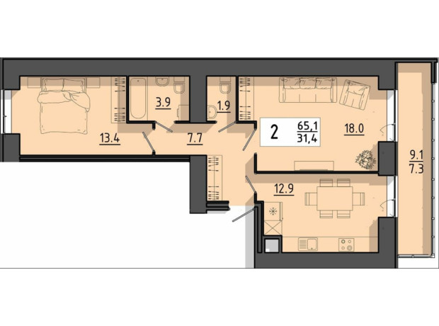 ЖК Файне місто: планування 2-кімнатної квартири 65.1 м²