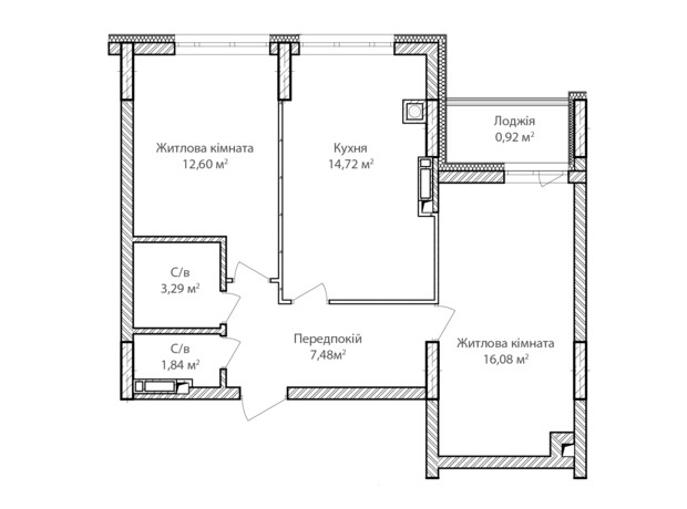 ЖК Синергія Сіті: планування 2-кімнатної квартири 56 м²