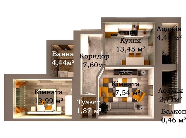ЖК Caramel Residence: планування 2-кімнатної квартири 66.44 м²