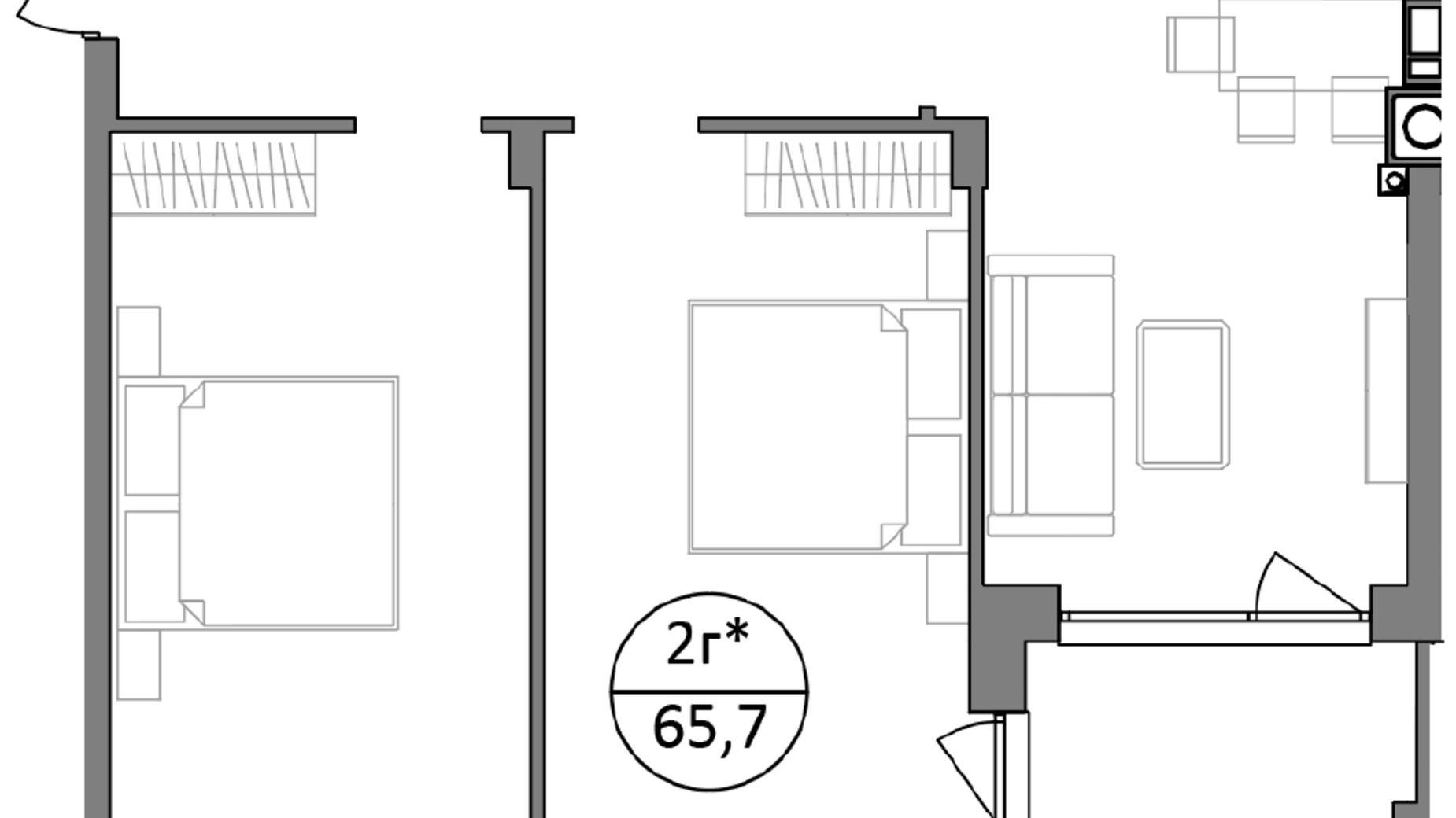 Планування 2-кімнатної квартири в ЖК Грінвуд-2 65.7 м², фото 590745