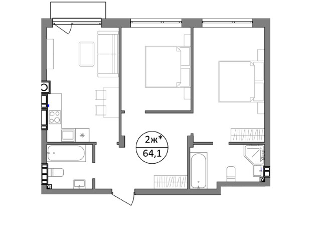 ЖК Гринвуд-2: планировка 2-комнатной квартиры 64.1 м²