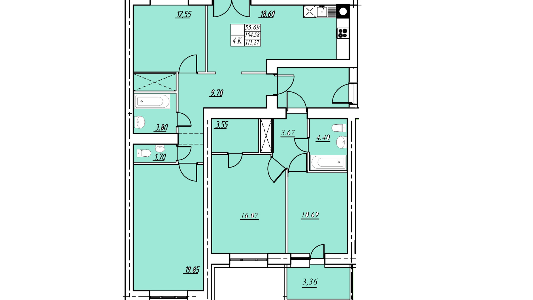 Планировка 4-комнатной квартиры в ЖК на Шептицкого 111.27 м², фото 590775