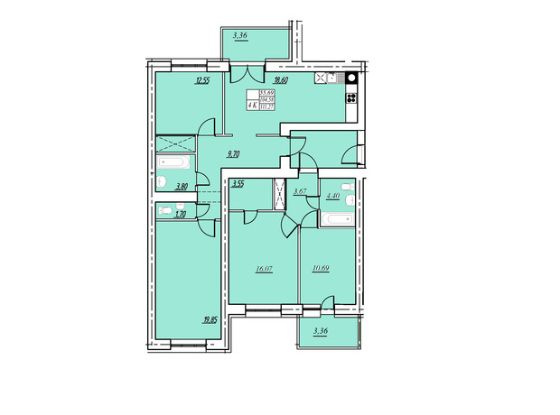 ЖК на Шептицкого: планировка 4-комнатной квартиры 111.27 м²